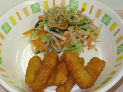 「いかのかりんとう揚げ」と「じゃこと野菜の和え物」