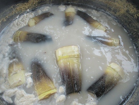 たけのこは米ぬかと鷹の爪で下茹でしてアクを抜きます。